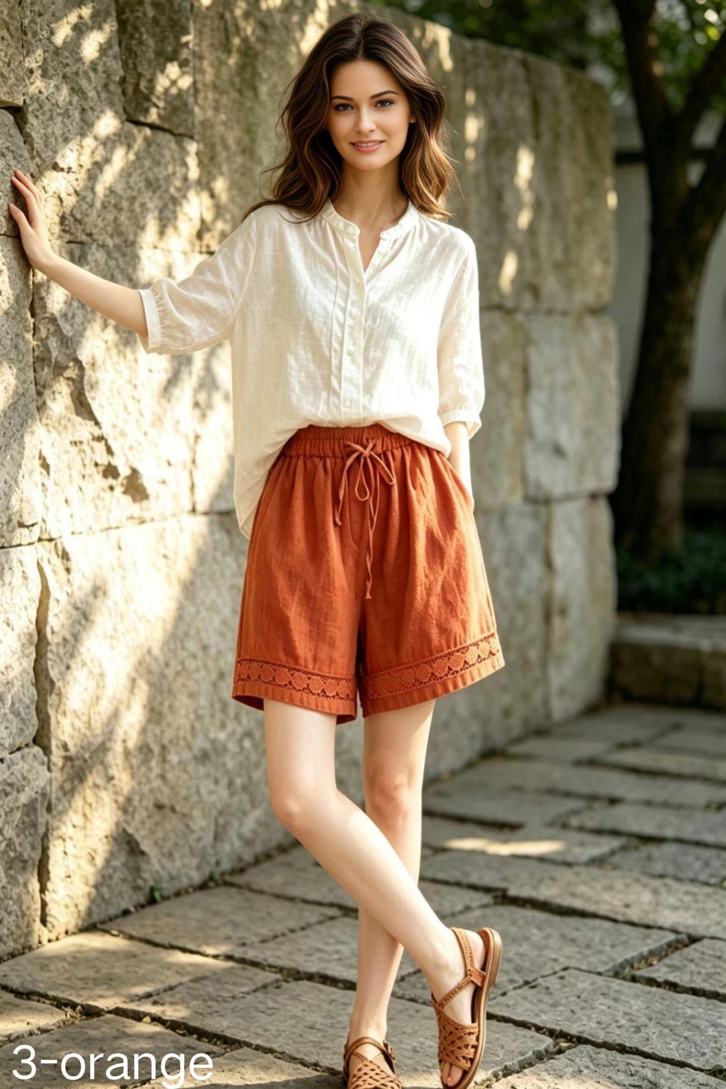 Olive Green Linen Shorts for Women, Boho High Waisted Summer Shorts with Lace Trim, Custom Shorts, Ylistyle C5532