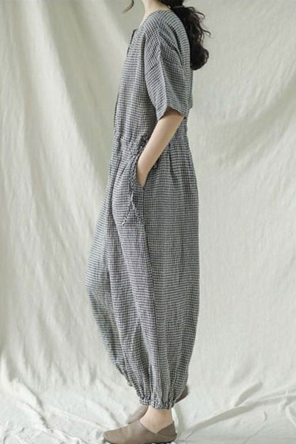 Casual Black Plaid Cotton Linen Jumpsuits C2387