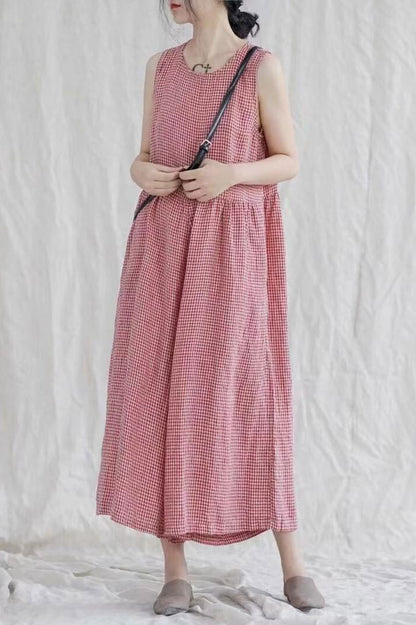 Casual Red Plaid Sleeveless Cotton Linen Jumpsuits C2378