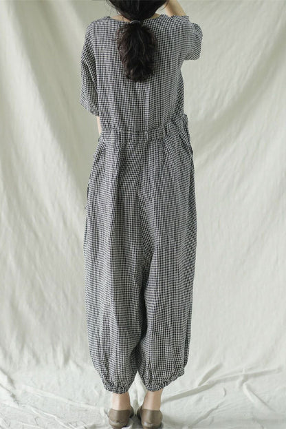 Casual Black Plaid Cotton Linen Jumpsuits C2387