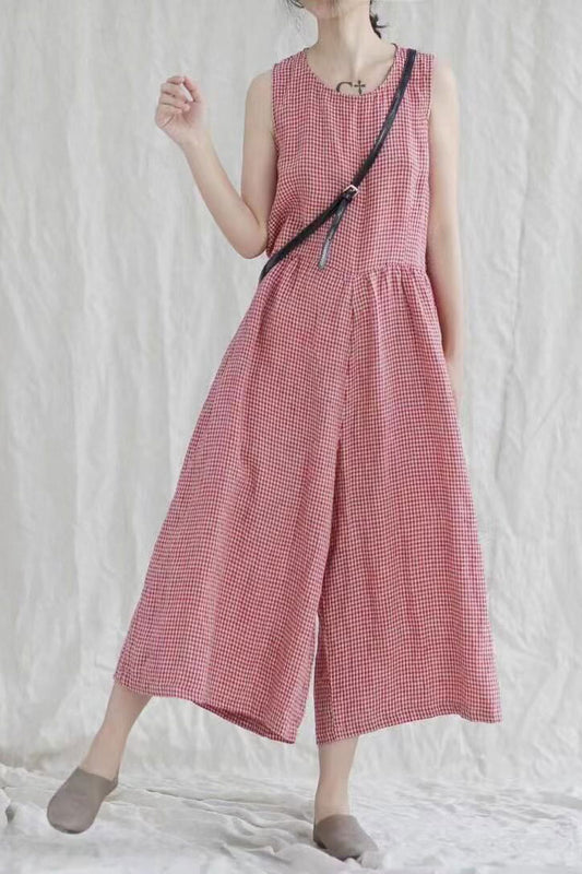 Casual Red Plaid Sleeveless Cotton Linen Jumpsuits C2378