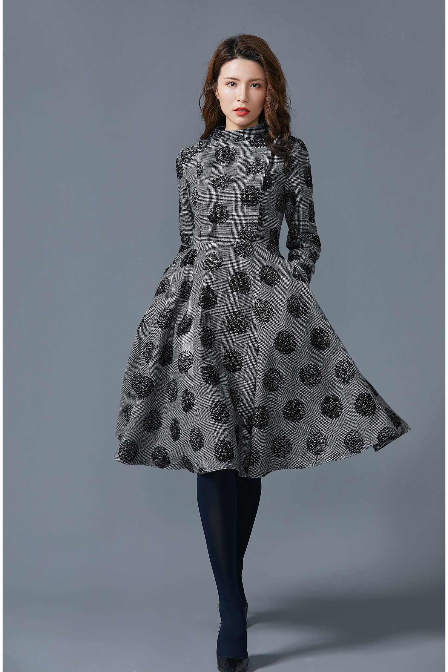 chinese dress ladies Elegant Wool V-Neck Dress – Long Sleeve Winter Midi Dress 5489 Brown / XL