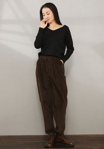 Brown Elastic Waist Corduroy Pants C196301
