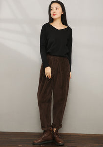 Brown Elastic Waist Corduroy Pants C196301