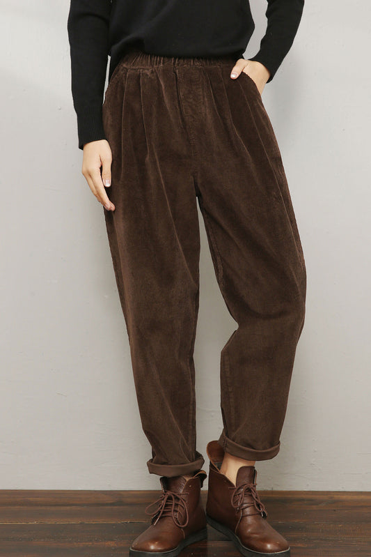 Brown Elastic Waist Corduroy Pants C196301