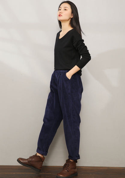 Blue Elastic Waist Corduroy Pants C196401