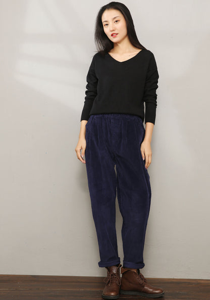 Blue Elastic Waist Corduroy Pants C196401