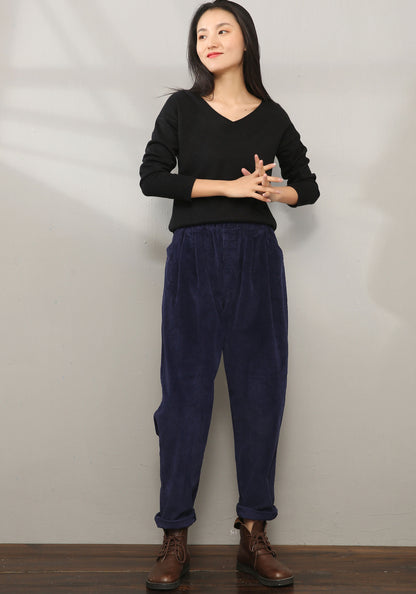 Blue Elastic Waist Corduroy Pants C196401