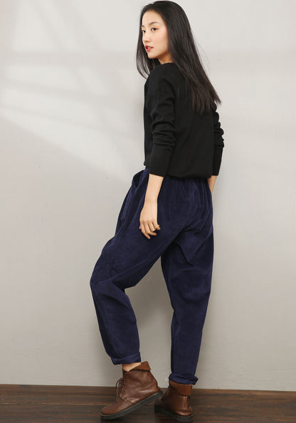Blue Elastic Waist Corduroy Pants C196401