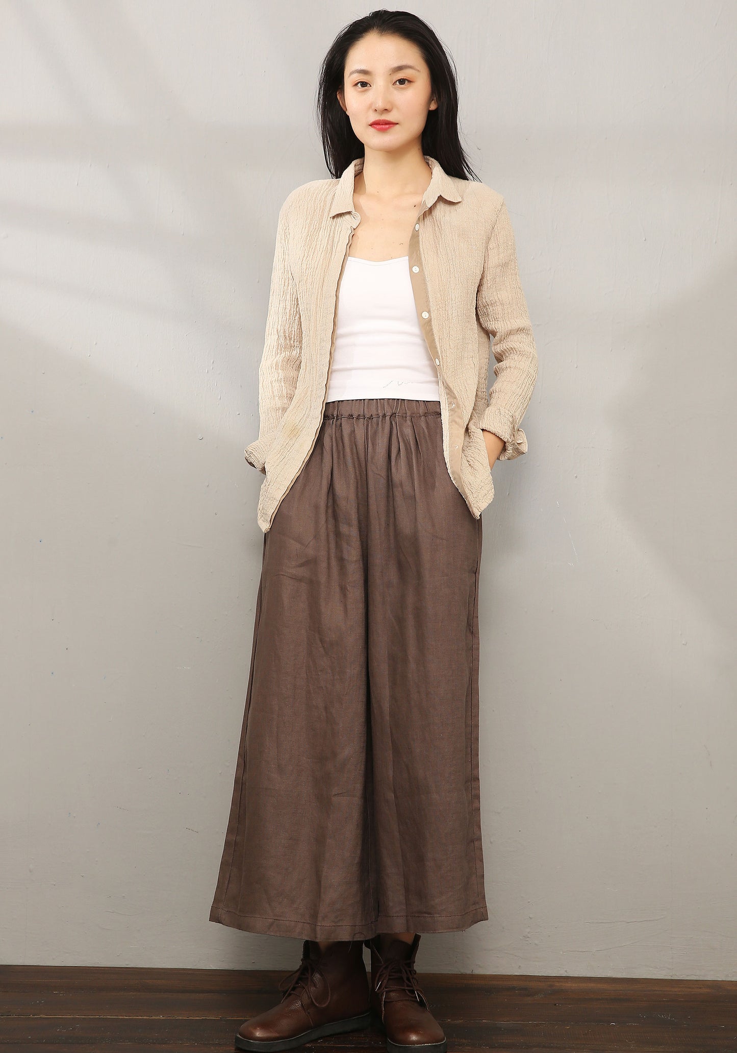 Brown Palazzo Linen Pants C196601