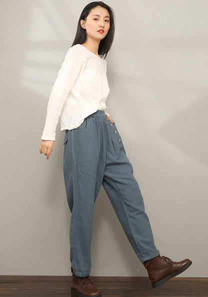 Casual Elastic Waist Cropped Linen Pants C1969