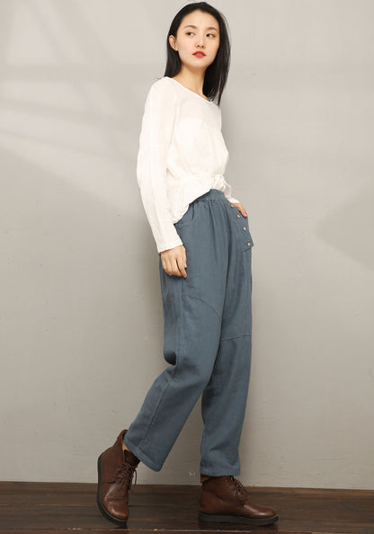 Casual Elastic Waist Cropped Linen Pants C1969