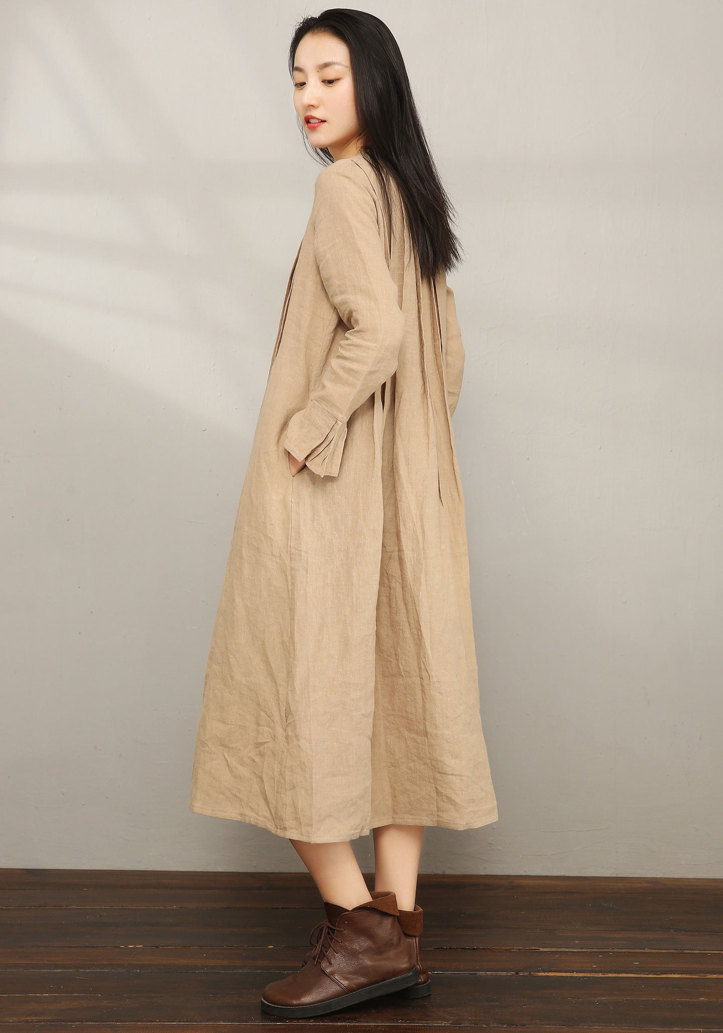 Loose Crew Linen Shirt Dress C197202