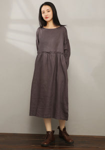 Loose Fit Maxi Pleated Linen Dress C1978