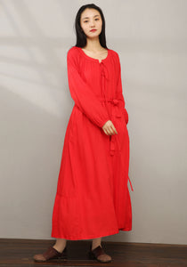 Red Loose Maxi Cotton Linen Dress C1979