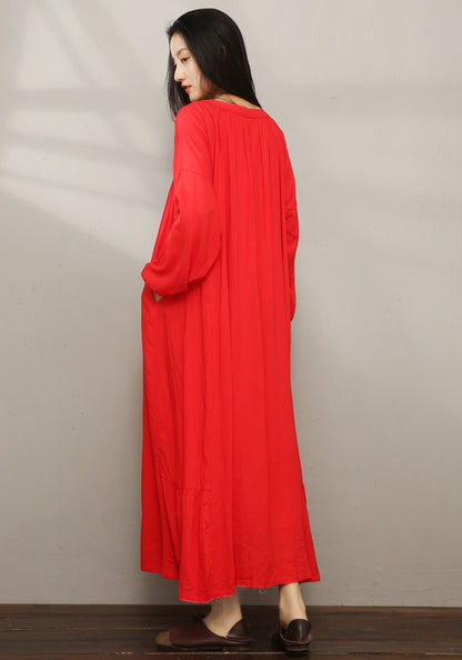 Red Loose Maxi Cotton Linen Dress C1979