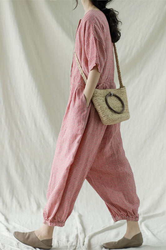 Casual Red Plaid Cotton Linen Jumpsuits C2377