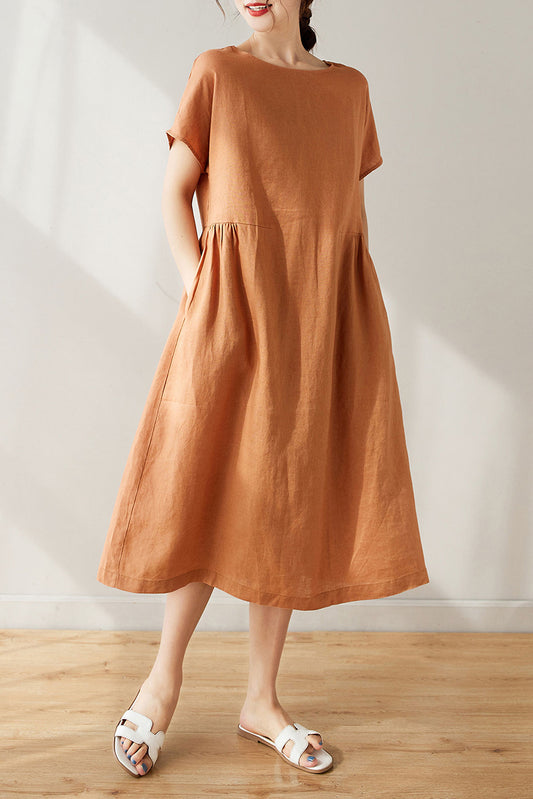 Orange Linen Midi Dress - Pleated Waist, Relaxed Fit C3173