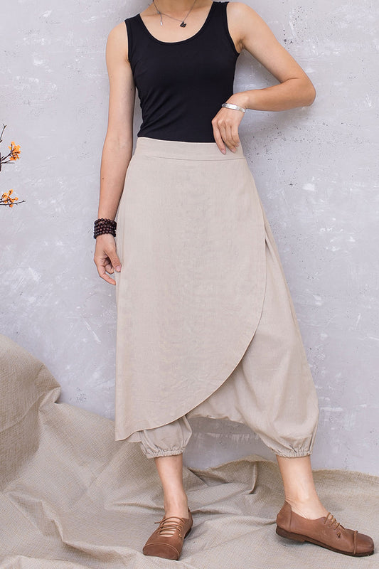 Summer Women Casual Loose Apricot Linen Pants C2798#CK2201363