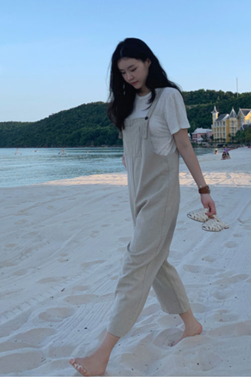 Natural Linen Casual Jumpsuit - Loose Fit, Front Pocket C2391