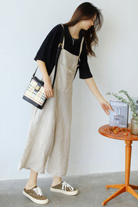 Casual Cropped Linen Jumpsuits in Natural Linen Color C2388