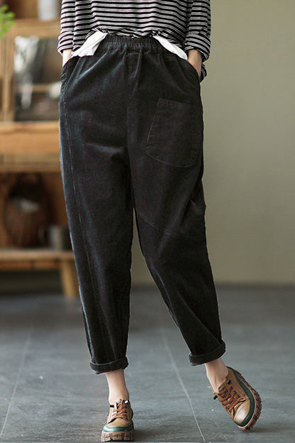 Black Elastic Waist Corduroy Pants C2439