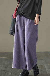 Purple Elastic Waist Wide Leg Corduroy Pants C2443