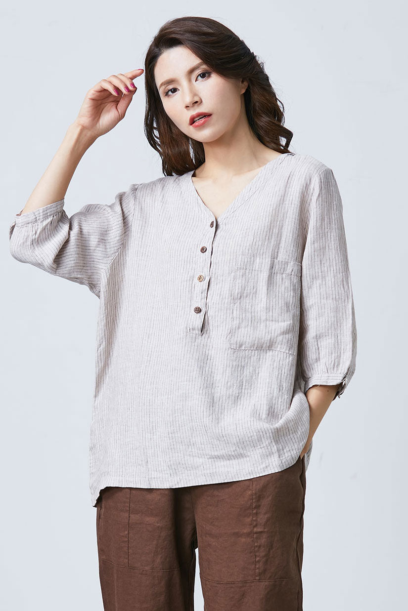 3/4 sleeve stripe linen blouse C1719