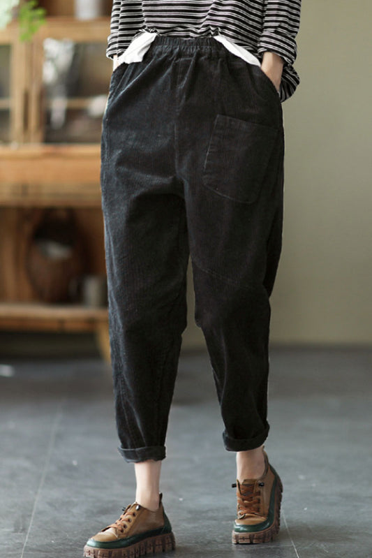 Black Elastic Waist Corduroy Pants C2439