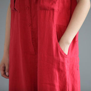 Round Neck Red Linen Jumpsuits C2395