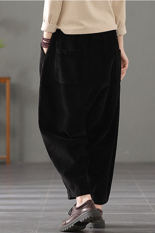 Black Elastic Waist Corduroy Pants C2442