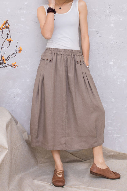 Elastic Waist Linen Midi Khaki Casual Skirt C2809#CK2201389