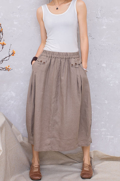 Elastic Waist Linen Midi Khaki Casual Skirt C2809#CK2201389