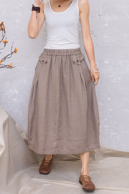 Elastic Waist Linen Midi Khaki Casual Skirt C2809#CK2201389