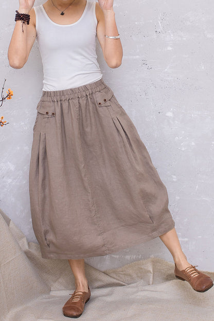 Elastic Waist Linen Midi Khaki Casual Skirt C2809#CK2201389