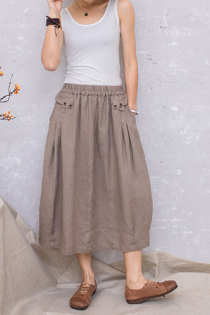 Elastic Waist Linen Midi Khaki Casual Skirt C2809#CK2201389