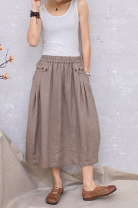 Elastice Waist Linen Midi Khaki Casual Skirt C2809#CK2201389