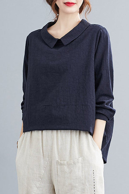 Blue Long Sleeves Linen Tops C200302