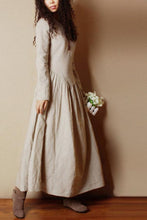 Load image into Gallery viewer, Vintage pleated waist long sleeve linen mid-length dress 190243
