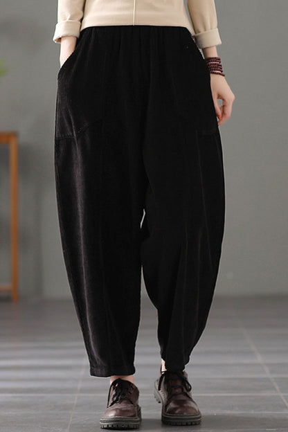 Black Elastic Waist Corduroy Pants C2442