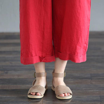 Round Neck Red Linen Jumpsuits C2395