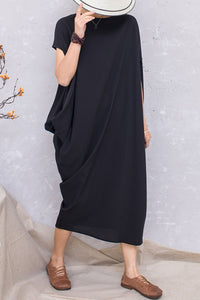Black Linen Asymmetrical Batwing Sleeve Pullover Dress C2810#CK2201392