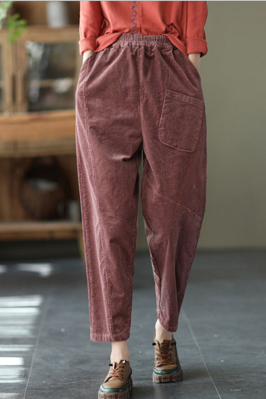 Red Elastic Waist Corduroy Pants C2439