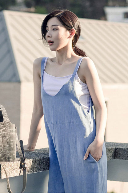 Casual Light Blue Linen Jumpsuits C2384