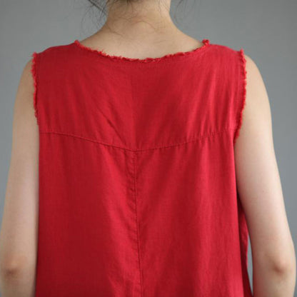 Round Neck Red Linen Jumpsuits C2395