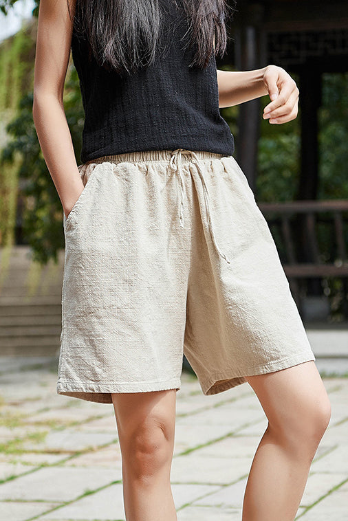 Beige Cotton Linen Short Pants - Wide Leg, Elastic Waist C2827