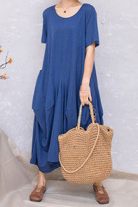 Blue Casual Linen Women Summer Loose Pullover Dress C2811#CK2201380