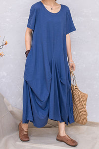 Blue Casual Linen Women Summer Loose Pullover Dress C2811#CK2201380