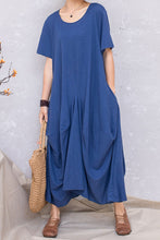 Load image into Gallery viewer, Blue Casual Linen Women Summer Loose Pullover Dress C2811#CK2201380
