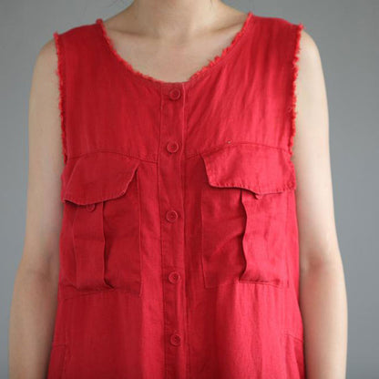 Round Neck Red Linen Jumpsuits C2395